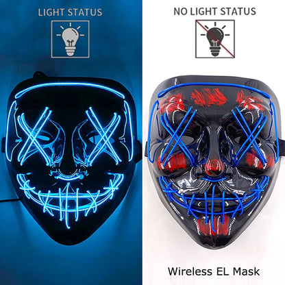 Neon LED purge mask with blue glowing face details and stitched mouth bars