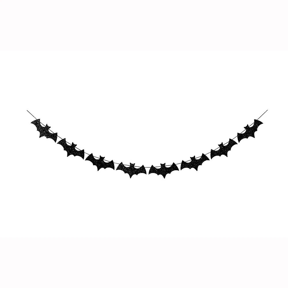 Curved black bat paper banner garland with small hanging bat silhouettes