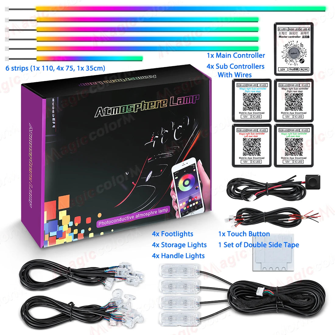 18-in-1 RGB car ambient light kit with main controller, sub controllers, and touch buttons