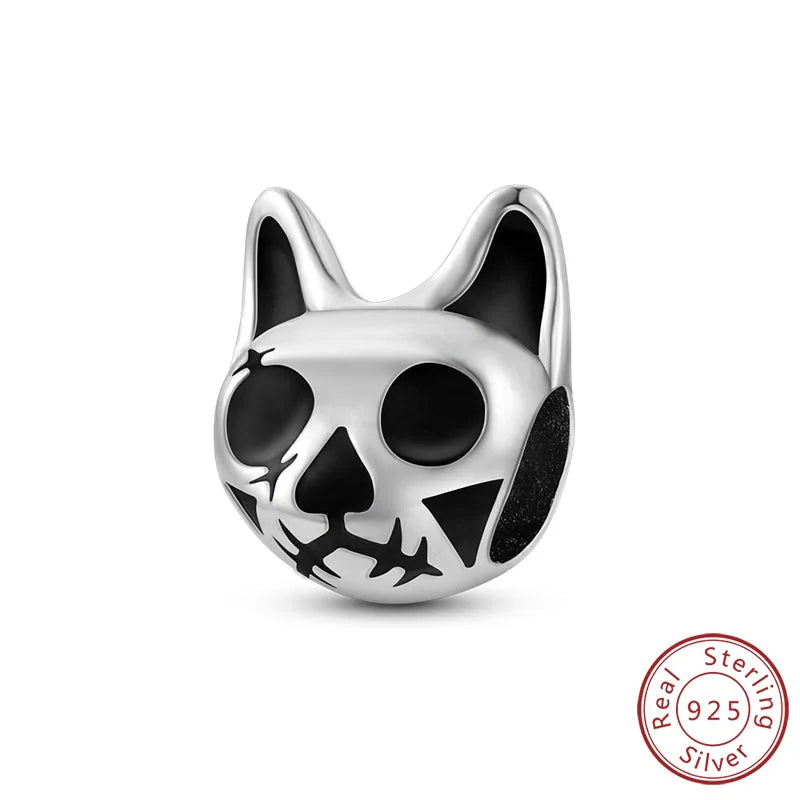 925 sterling silver cat skull charm bead with black enamel eyes and whisker detail