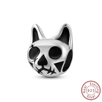 925 sterling silver cat skull charm bead with black enamel eyes and whisker detail