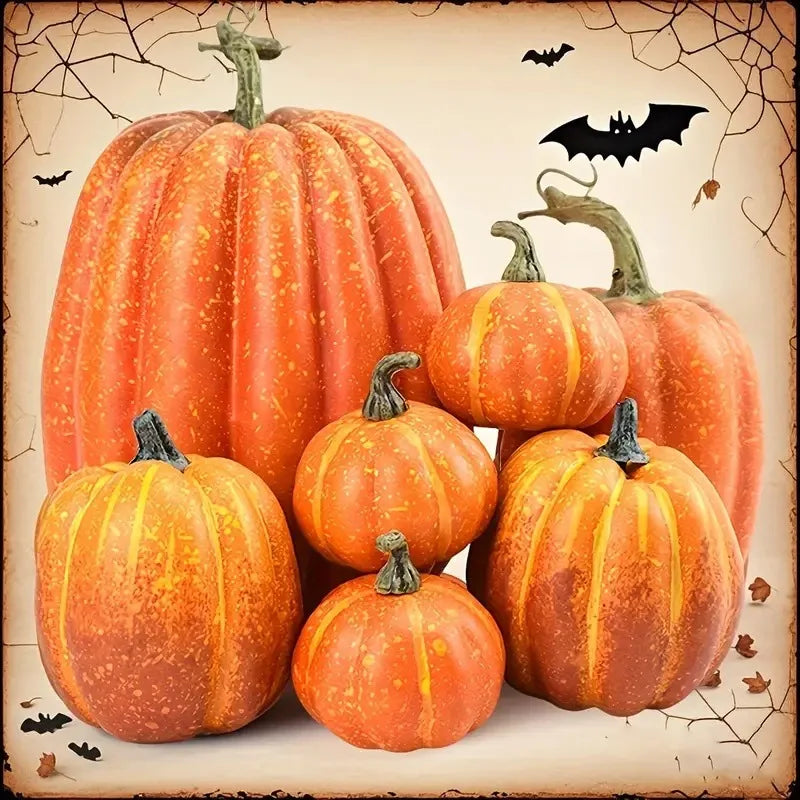 Artificial pumpkin decor set: seven orange faux pumpkins with dark stems.