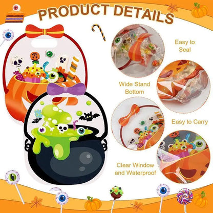 Halloween-themed clear plastic lollipop bag with a printed jack-o'-lantern and cauldron design, shown with feature callout circles on an orange promotional background.