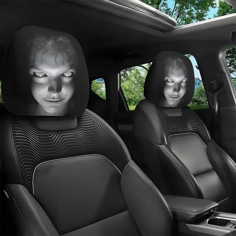 2-pack horror face headrest covers on front seats, black hooded alien faces
