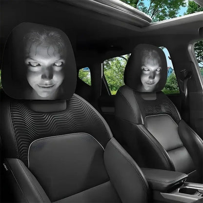 2-pack horror face headrest covers on front seats, black hooded alien faces