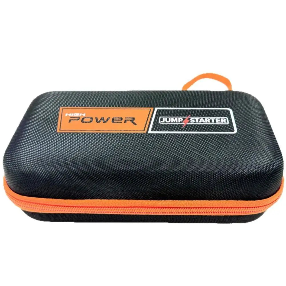 Black hard-shell EVA case with orange bottom edge and top handle, front label badges