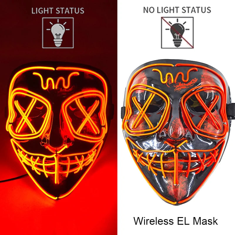 Black Halloween purge mask with bright orange EL light eyes, mouth grid, and teeth