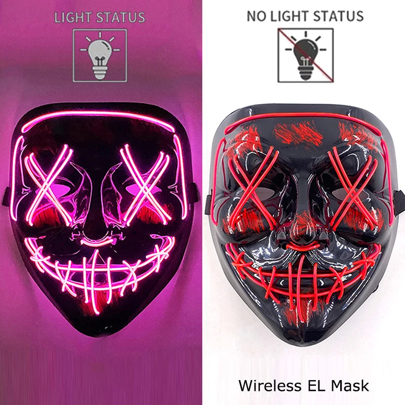 Wireless EL purge mask with pink X eyes and stitched grin, light and no-light views