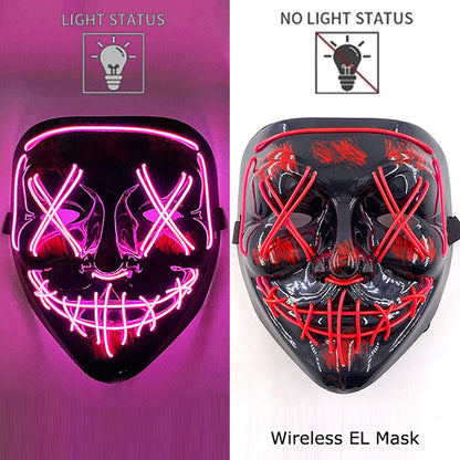Wireless EL purge mask with pink X eyes and stitched grin, light and no-light views