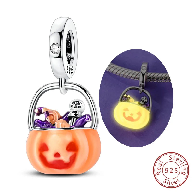Halloween pumpkin charm bead in 925 sterling silver with witch and skeleton details