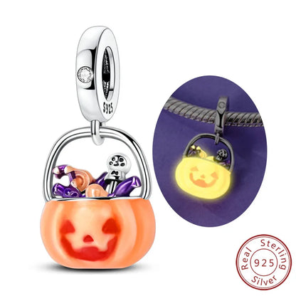 Halloween pumpkin charm bead in 925 sterling silver with witch and skeleton details