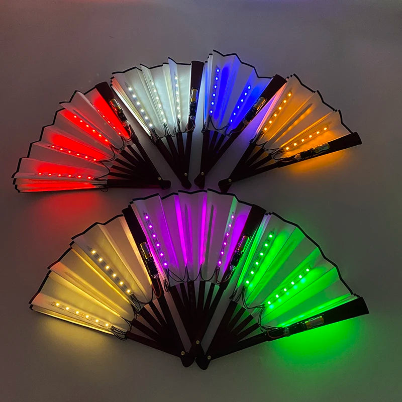 LED light-up folding hand fan with multicolor LEDs and black folding handle