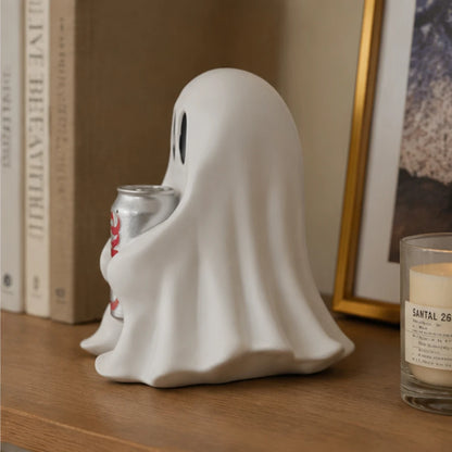 Side view white ghost resin statue holding a silver soda can with red label.