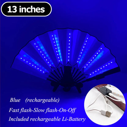 Blue LED folding hand fan, 13-inch, rechargeable battery and cable included.