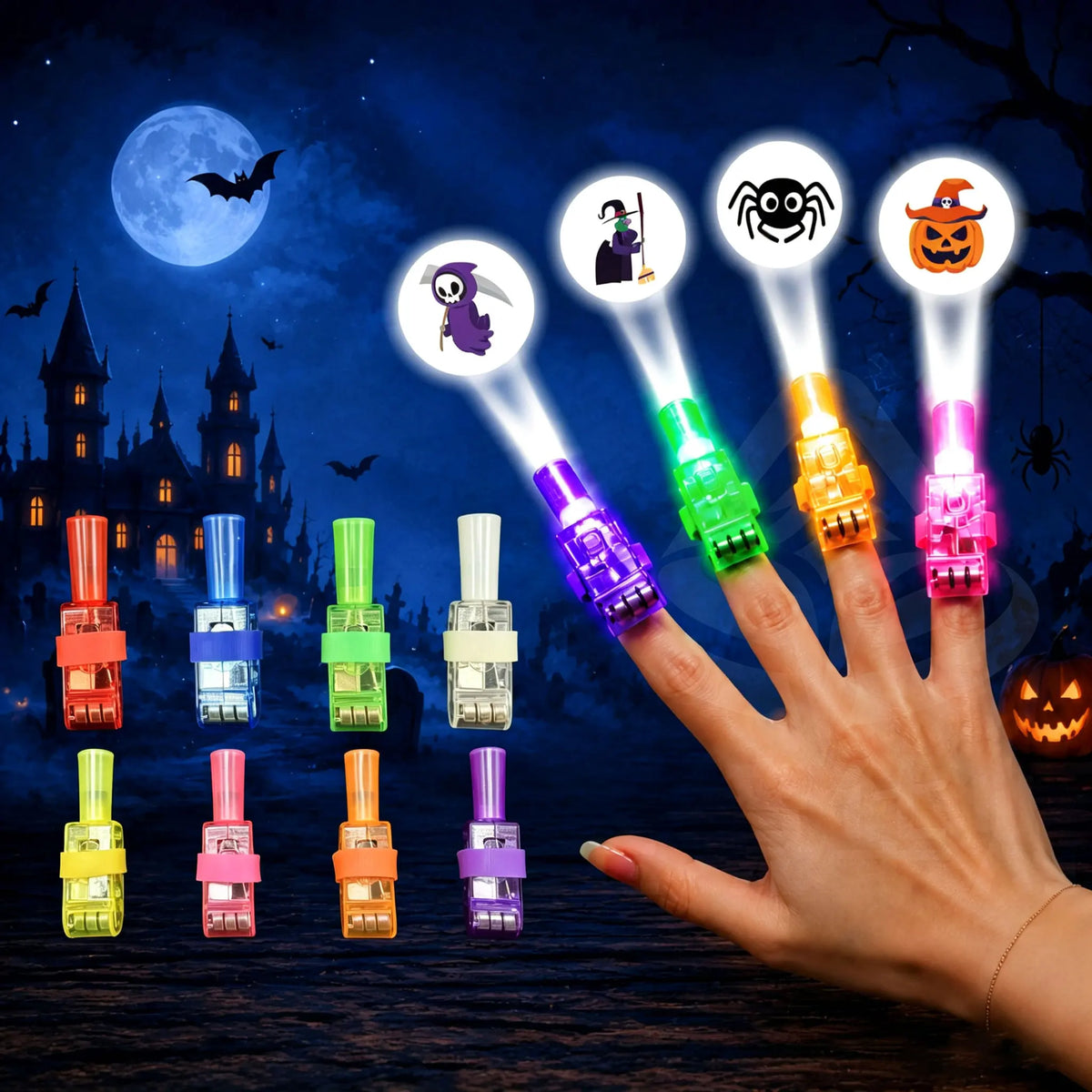 36-piece Halloween LED finger projector lights held on hand, glowing neon colors