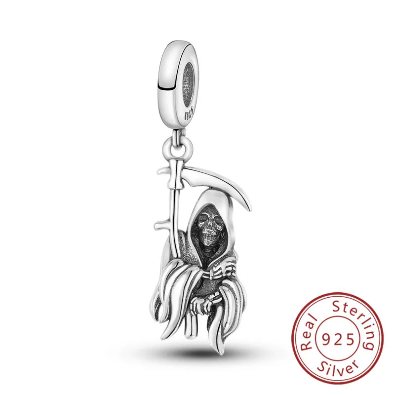 925 sterling silver Halloween charm bead with a wizard skeleton holding a staff