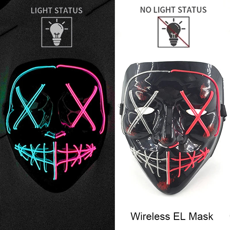 Wireless EL LED purge mask with cyan and pink neon face lines and teeth