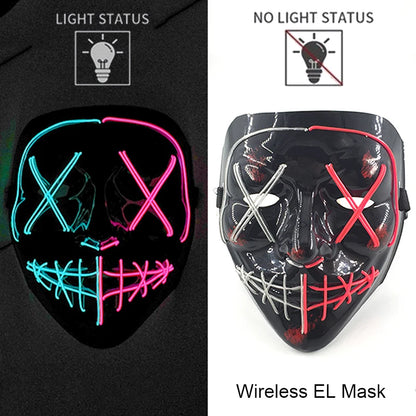 Wireless EL LED purge mask with cyan and pink neon face lines and teeth