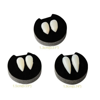 Vampire fang dentures showing four size options with two off-white teeth each