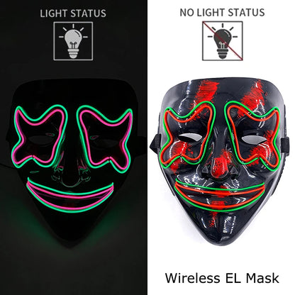 Neon LED purge mask with multicolor green glowing facial lines and stitched smile