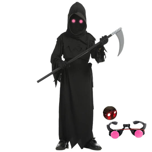 Kids grim reaper costume: black hooded robe with glowing pink eyes and scythe
