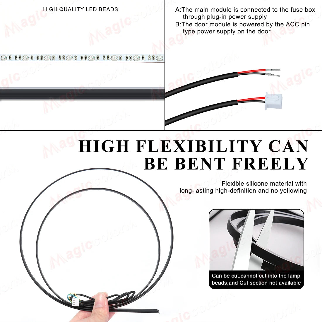 Flexible LED light strip set with wiring and adapter connectors, bent for installation