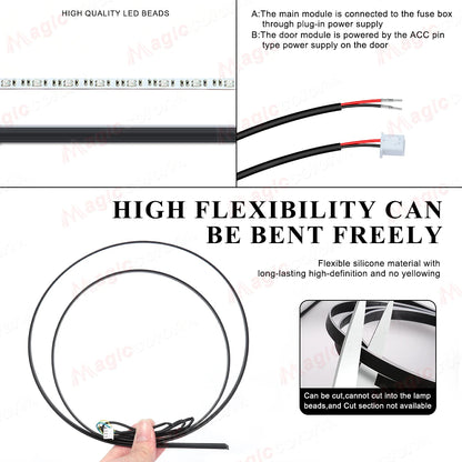 Flexible LED light strip set with wiring and adapter connectors, bent for installation