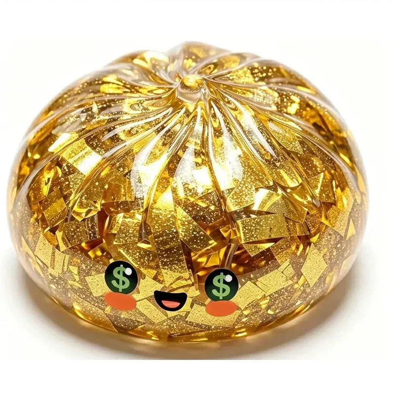 Gold glitter squishy stress ball with cartoon face and $ eye details