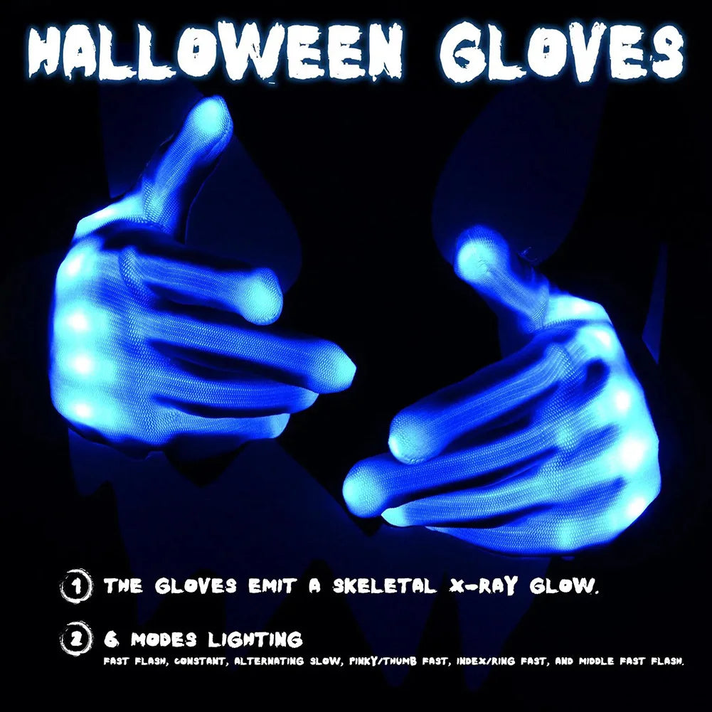 Pair of LED skeleton x-ray glow gloves, bright blue