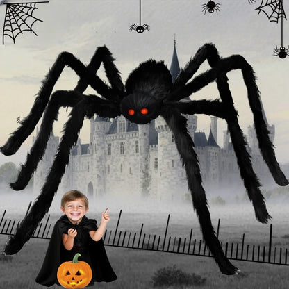 Plush black spider decoration with oversized legs and glowing red eyes