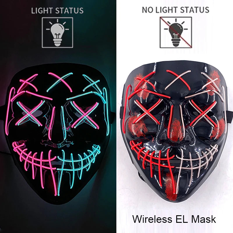 Neon LED purge mask with pink and cyan glowing eyes, grin, and stitch lines