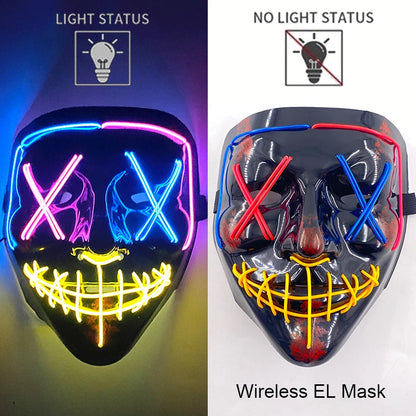 Neon LED purge mask with blue, pink, and yellow glowing face and stitched mouth