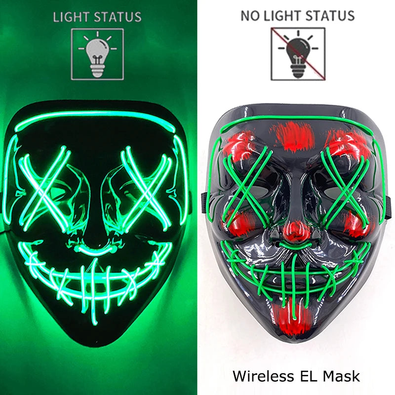 Wireless EL LED purge mask with green neon face outline and smile bars