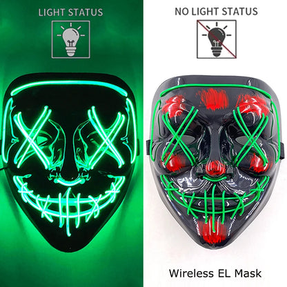 Wireless EL LED purge mask with green neon face outline and smile bars