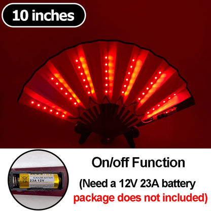 10-inch LED folding hand fan with red lights, on/off function.