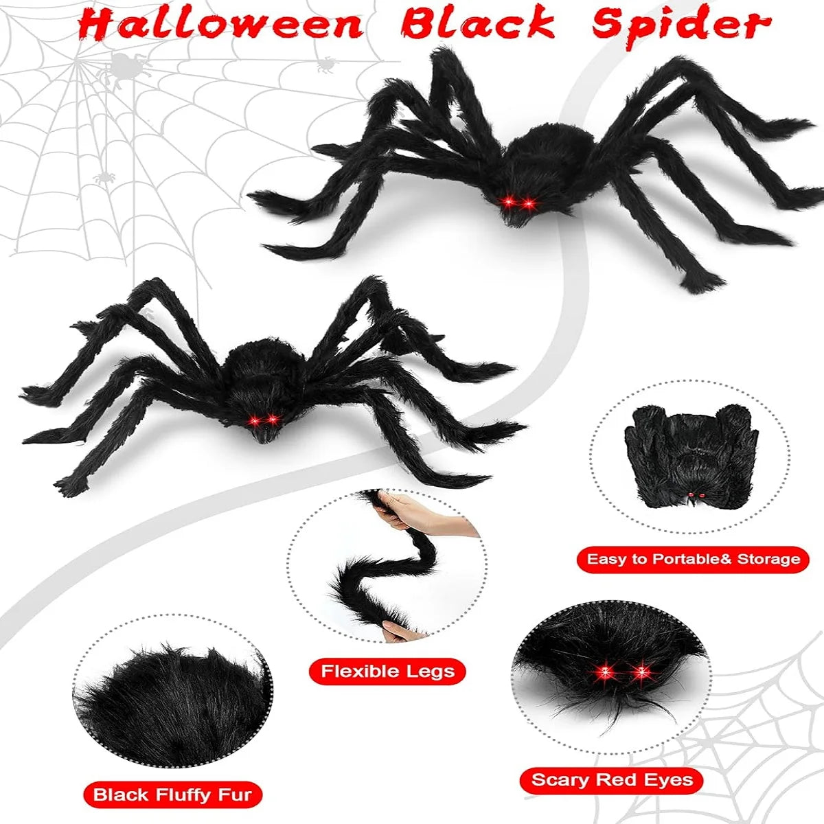 Plush black spider decoration with fuzzy legs and glowing red eyes for Halloween