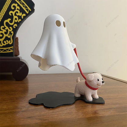 White ghost puppy night light with red LED stick, puppy figure, and black base