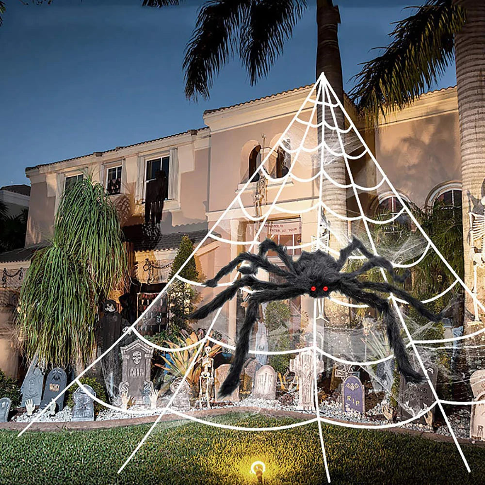 White stretchable triangle spider web décor with large black spider