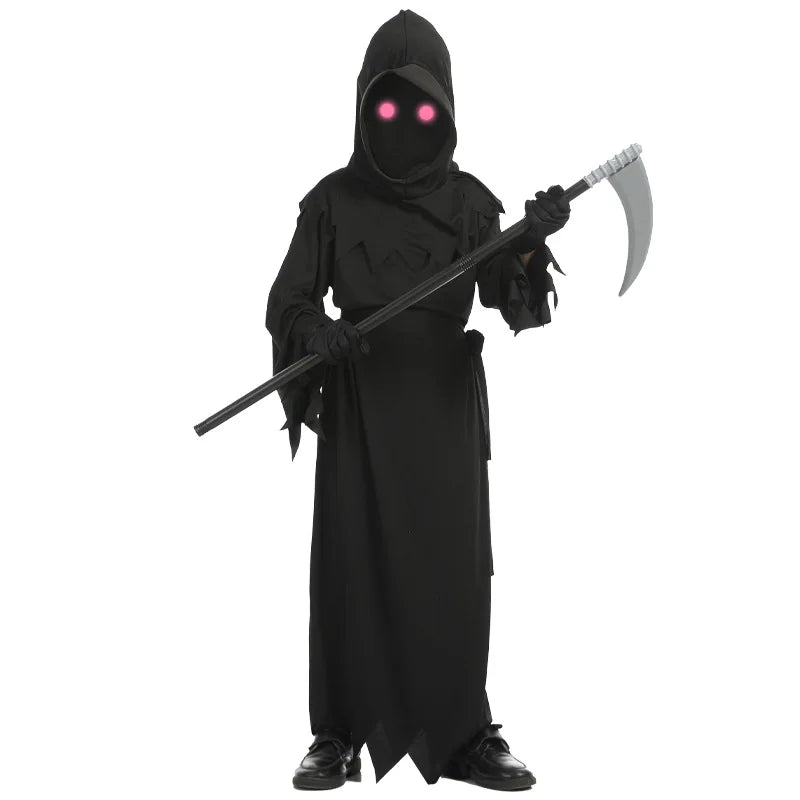 Kids hooded black grim reaper robe with glowing pink eyes and handheld scythe