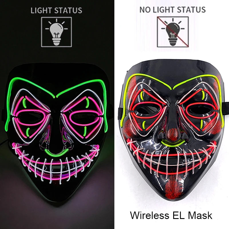 Wireless EL purge mask with multicolor X eyes and stitched grin, light and no-light views