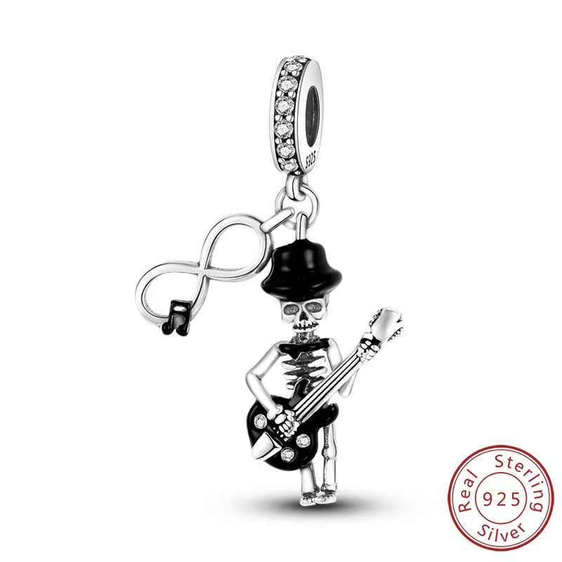 925 sterling silver Halloween charm bead of skeleton holding a guitar