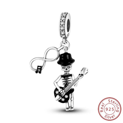 925 sterling silver Halloween charm bead of skeleton holding a guitar