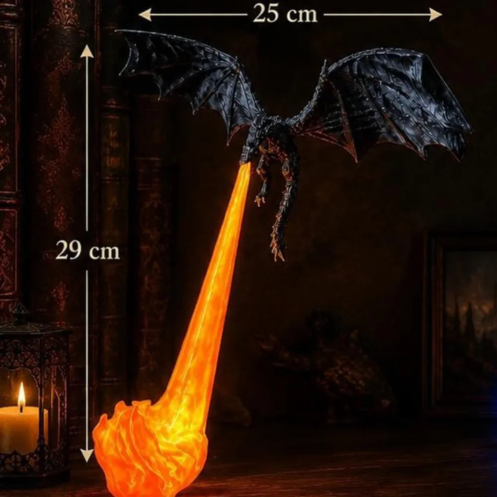 Gothic dragon flame night lamp with glowing orange flame and spread black wings