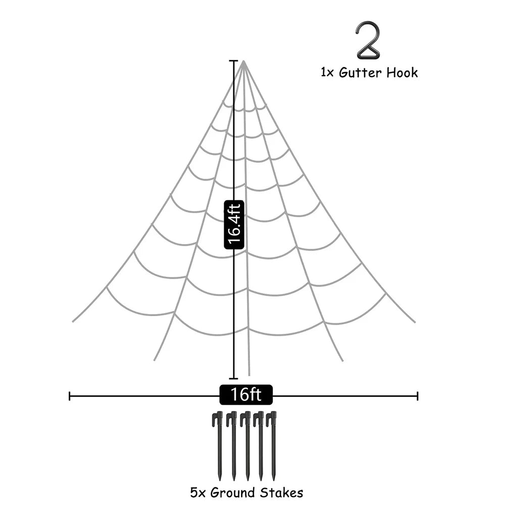 Triangle spider web decor diagram with 16 ft width, 16.4 ft height, hooks and stakes