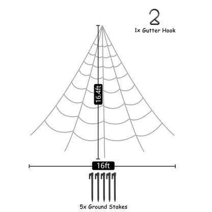 Triangle spider web decor diagram with 16 ft width, 16.4 ft height, hooks and stakes