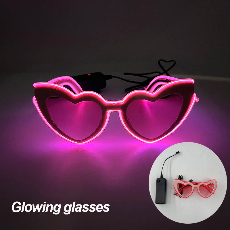 Pink heart-shaped LED neon glasses with glowing outline and wiring.