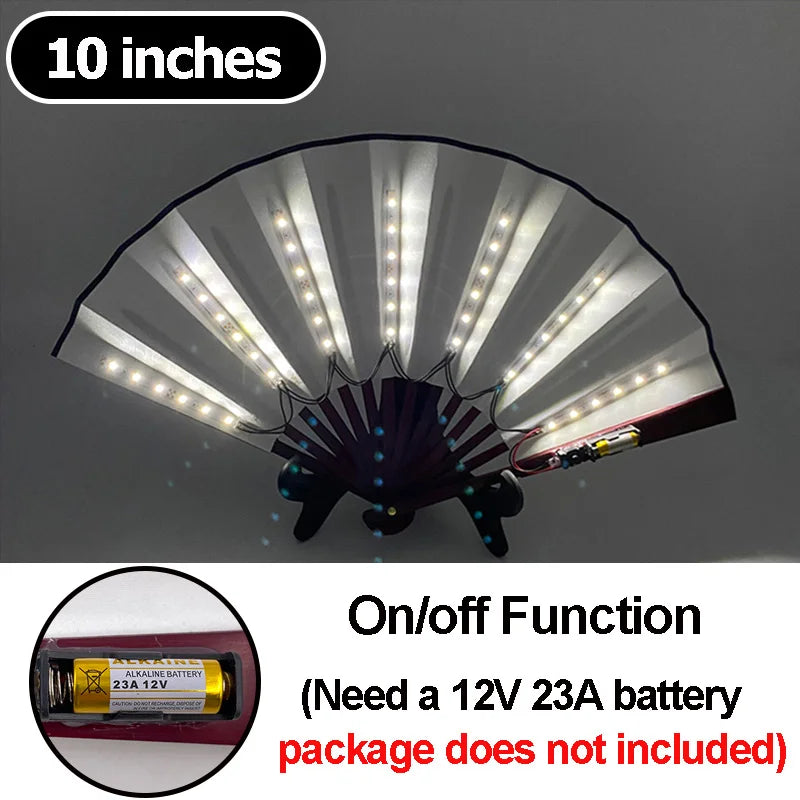 10-inch LED folding hand fan with white LED strips and black folding handle