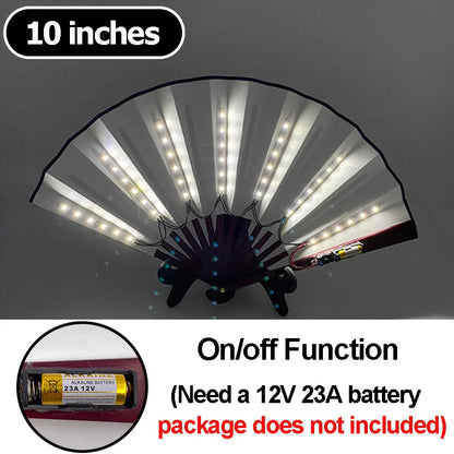 10-inch LED folding hand fan with white LED strips and black folding handle