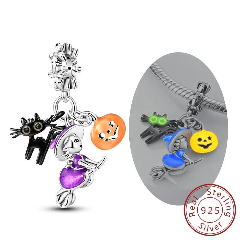 925 sterling silver Halloween charms on chain showing cat, pumpkin, and witch figures