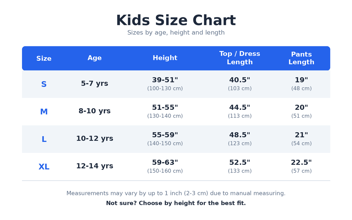 Kids size chart table showing sizes S–XL with age, height, and garment lengths